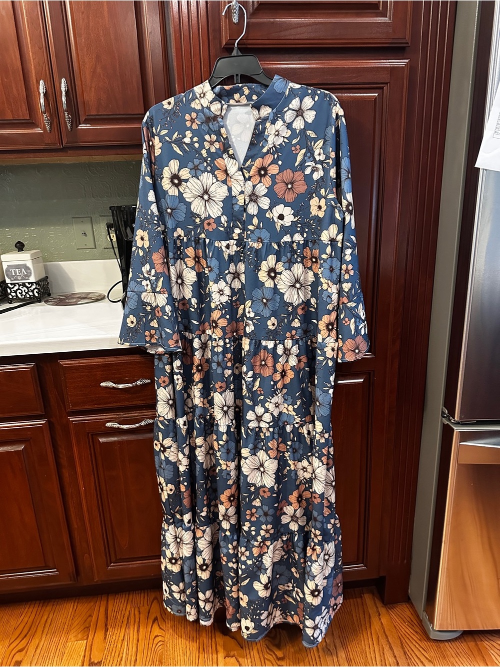 Blue Floral Tiered Maxi Dress fits between M/L - review measurements